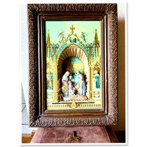 Beautiful Antique Religious Home Altar Holy Family Diorama 3D Ornate Wood Frame 1800s music box original key CATHOLIC BEAUTIFUL CONDITION