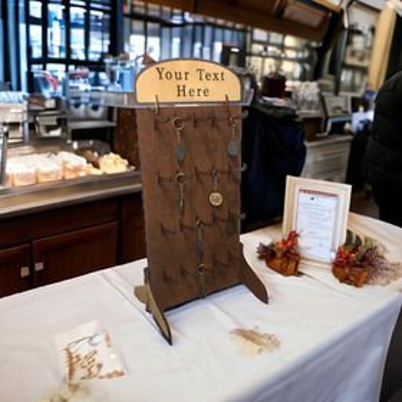 Keyring Display Stand. Dark Oak Finish. Large Personalised Point of Sale Keyring Hanger Display
