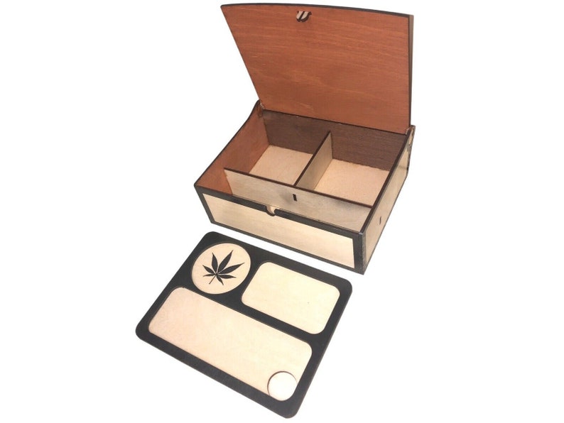 Large Leaf, Smokers Box With Rolling Tray. Available in 3 Wood Finishes