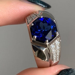 Lab Blue Sapphire Ring ,925 Sterling Silver Ring, Engagement Ring For Men, September Birthstone Men's Ring, Hexagon Cut Blue Sapphire Ring