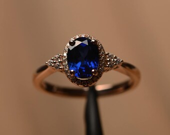 Blauer Saphir Vintage Ring, 14K Roségold Ring, Versprechen Ring, Jubiläumsring, Oval Form, September Geburtsstein