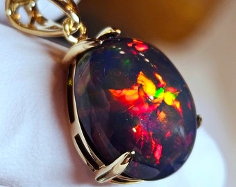 14k Gold Opal Pendant, Black Fire Opal Pendant, Handmade Opal Pendant, Gift For Her, Birthstone Pendant,