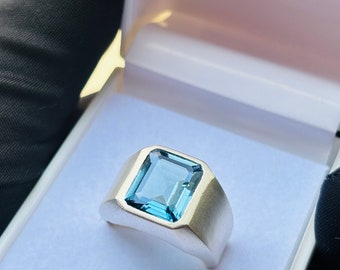 Natural London Blue Topaz Men's Ring, Emerald Cut Blue Topaz Ring For Men, 925 Sterling Silver Mate Finish Ring For Him, Gift For Husband