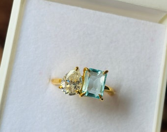 Aquamarine & Moissanite Ring, Two Stone Ring, Emerald And Pear Shape Ring,  Engagement Ring, Promise Ring,  toi et moi Ring Gift For Her