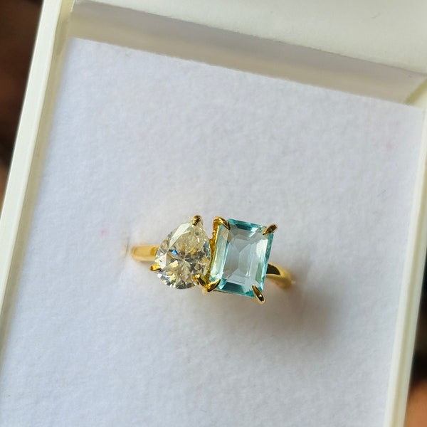 Aquamarine & Moissanite Ring, Two Stone Ring, Emerald And Pear Shape Ring,  Engagement Ring, Promise Ring,  toi et moi Ring Gift For Her