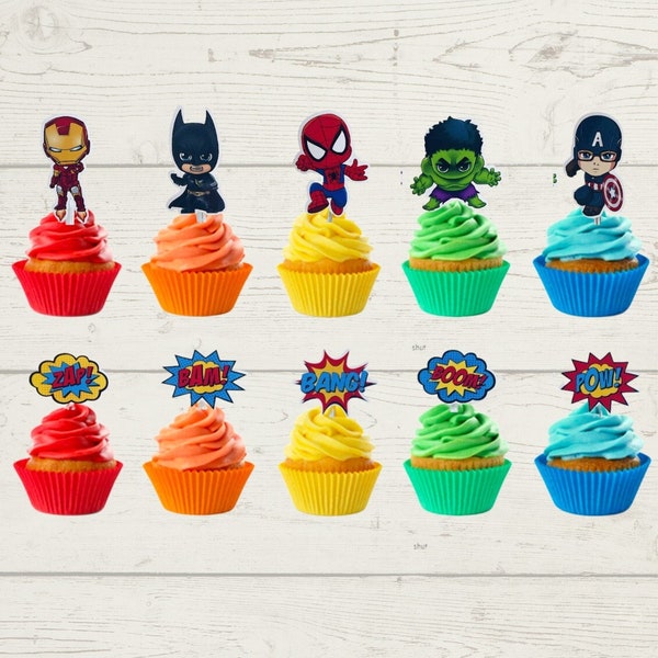 Topper de pastel de superhéroes / toppers de cupcakes mixtos / 10, 15 o 20 unidades / Envío al día siguiente.