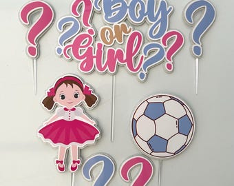 Gender Reveal Cake Topper, Boy or Girl Baby Shower Decoration, Doll & Ball Reveal Party, Pink Blue Centerpiece