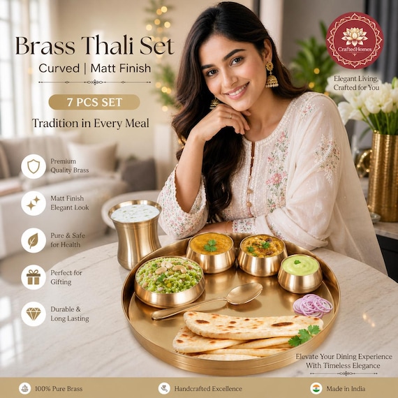 Brass Thali Dinner Set of 7 pieces – Handcrafted Indian Serveware- Message us today