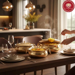 May include: A set of three hammered gold-toned metal serving bowls with lids and side handles, arranged on a wooden table. One bowl is open with steam rising from the food inside, while a metal spoon is held above it. Includes plates and glasses.
