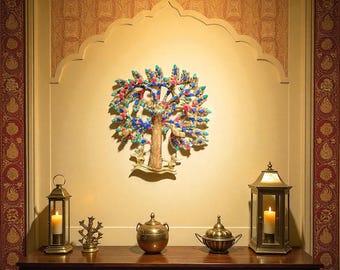 Brass Kalpavriksha Wall Hanging – Enamel Tree of Life, Indian Decor