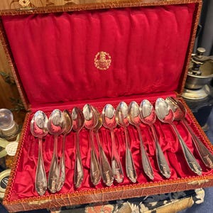 Vintage Silver Plated Teaspoons Set | 12 pcs Ornate Handle Flatware with Red Case