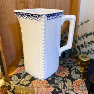 Antique Villeroy & Boch Porcelain Pitcher: Dresden Blue Garland, Beaded Detail