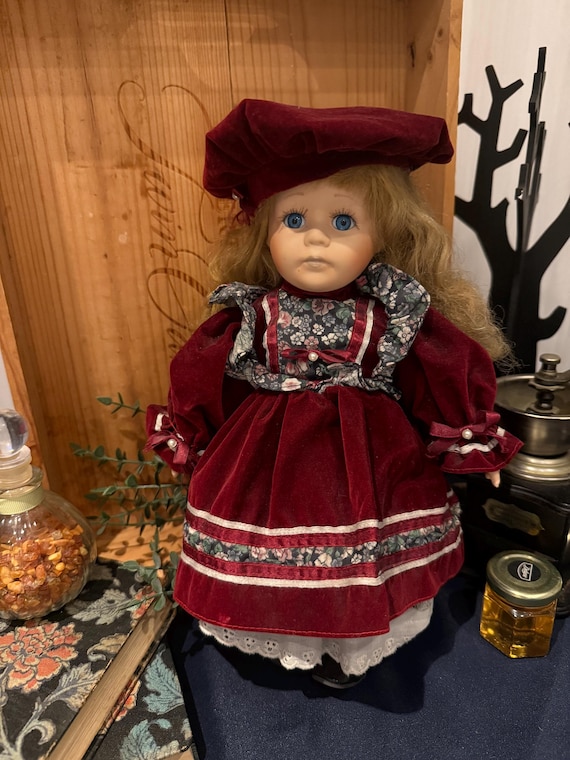 Vintage Porcelain Doll in Red Velvet Dress Collectible Handmade Doll With Curly Blonde Hair - Etsy Vintage Porcelain Doll in Red Velvet Dress Collectible Handmade Doll With Curly Blonde Hair - Etsy