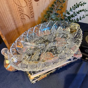 Vintage Cut Glass Divided Serving Tray – Hobstar & Fan Pattern Crystal Relish Dish – Midcentury Pressed Glass Platter