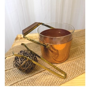 Cubitera de cristal y cobre vintage con asa de latón – Artículos de bar escandinavos de mediados de siglo