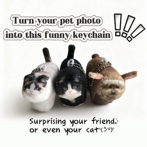 May include: Three custom pet photo keychains. The keychains are shaped like animals, including a cat and a dog. The text reads: "Turn your pet photo into this funny keychain!" and "Surprising your friend: or even your cat".