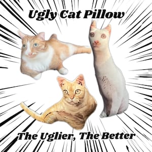 Puede incluir: Tres almohadas con forma de gato con el texto "Ugly Cat Pillow" y "The Uglier, The Better". Las almohadas están en varias poses y colores, incluyendo naranja, blanco y una mezcla de ambos. El fondo tiene líneas radiales en blanco y negro.
