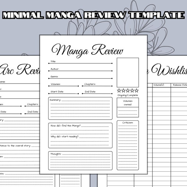 Printable Manga review template, Manga-tracker, Minimal anime diary, Anime log.
