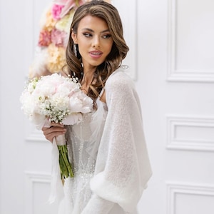 Hochzeitsstola Hochzeitsumhang Hochzeitscover Hochzeitsbolero für die Braut Hochzeitspullover Weiss Bild 4