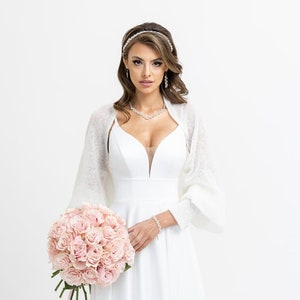 Hochzeitsstola Hochzeitsumhang Hochzeitscover Hochzeitsbolero für die Braut Hochzeitspullover Weiss Bild 6