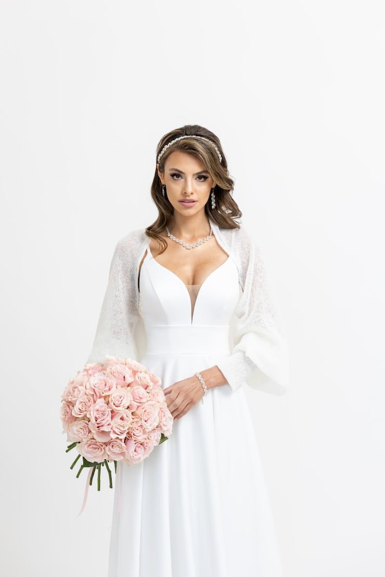 Hochzeitsstola Hochzeitsumhang Hochzeitscover Hochzeitsbolero für die Braut Hochzeitspullover Weiss Bild 6