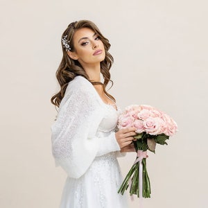 Hochzeitsstola Hochzeitsumhang Hochzeitscover Hochzeitsbolero für die Braut Hochzeitspullover Weiss Bild 2