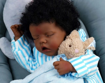 Black 17" Handmade Realistic Lifelike Reborn African American, Full Body Vinyl Silicone, Newborn Baby Boy Doll, Waterproof, Dolls Toy Gift