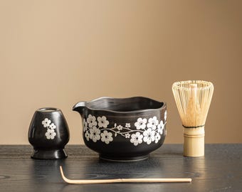 Handcrafted Floral Ceramic Matcha Bowl Set with Spout, Bamboo Whisk, Chasen Holder 450ml