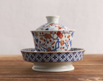 Bol à thé Gaiwan en céramique avec couvercle et soucoupe Plum Blossom