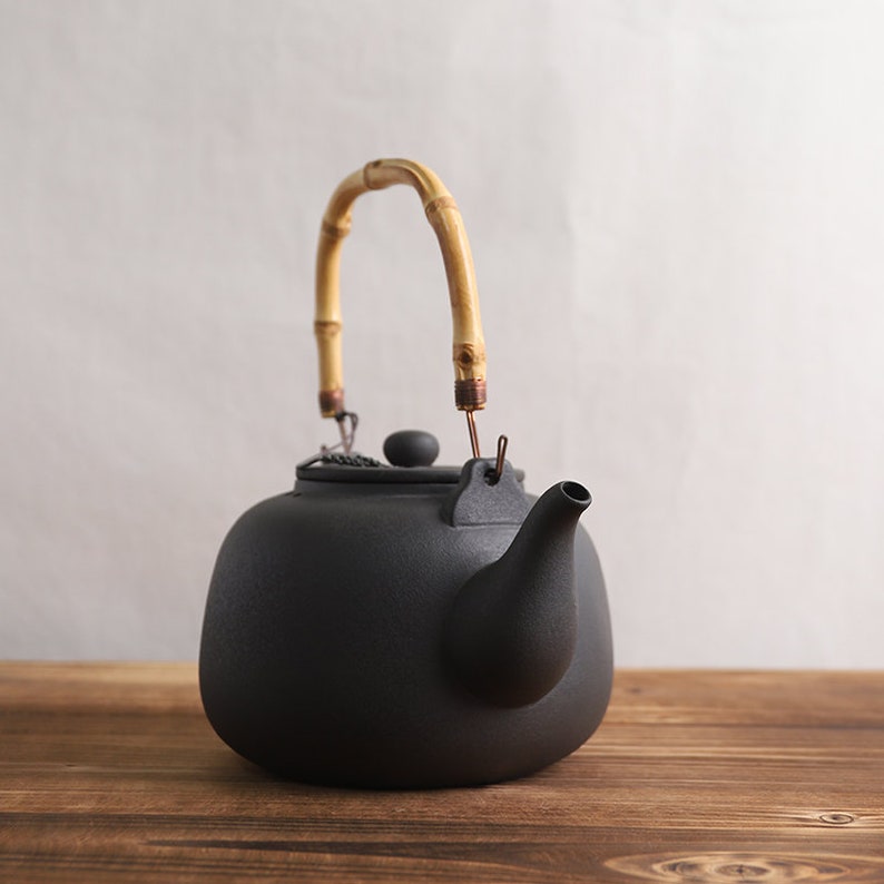Volcanic Stone Ceramic Tea Kettle With Overhead Bamboo Handle Etsy