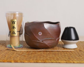 Wood-Fired Ceramic Matcha Bowl with Bamboo Whisk and Chasen Holder Tea Ceremony Making Kits