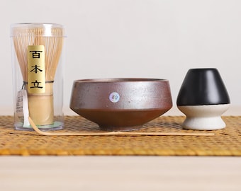 Batidor de bambú Chawan de cerámica de leña y soporte Chasen, kits para hacer té Matcha, juego de Ceremonia de té