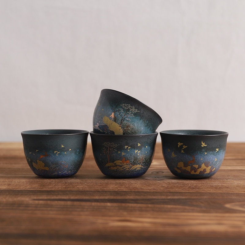 Cute Gold Deer Ceramic Tea Cup Pottery Teacup 50ml