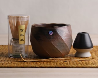 Firewood Ceramic Matcha Bowl with Bamboo Whisk and Chasen Holder Matcha Tea Ceremony Set
