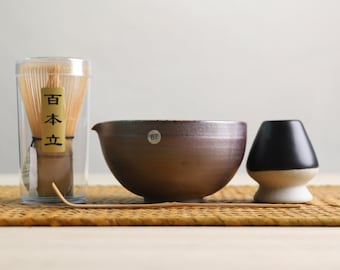 Firewood Ceramic Chawan Bowl with Spout Matcha Whisk Matcha Tea Kits Japanese Tea Ceremony Set