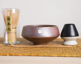 Wood-Fired Ceramic Matcha Bowl with Bamboo Whisk and Chasen Holder Tea Ceremony Sets