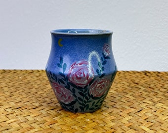 Hand-painted Pink Rose Blue Ceramic Tea Cup 150ml