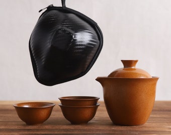 Gaiwan Easy Gaiwan en céramique avec 2 tasses de service à thé de voyage en céramique portable avec étui de transport