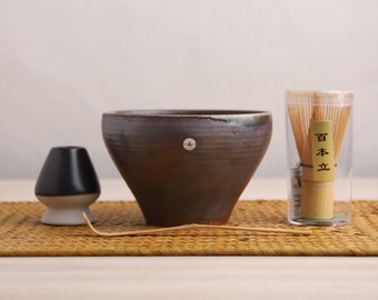 Firewood Ceramic Chawan Bowl with Matcha Whisk and Chasen Holder