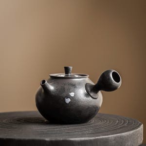 Peut inclure: Une théière en céramique gris anthracite foncé avec une poignée latérale et un petit couvercle. Le corps de la théière présente une finition mate texturée et est orné de deux petits motifs blancs en forme de pétales sur la surface avant.