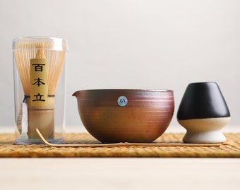 Firewood Ceramic Matcha Set with Matcha Whisk Matcha Tea Kits Japanese Tea Set
