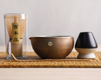 Chawan de cerámica para leña con pico, batidor de bambú, juegos de té Matcha, juegos de ceremonia del té