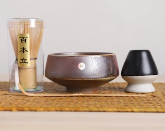 Wood-Fired Ceramic Matcha Bowl with Bamboo Whisk and Chasen Holder Matcha Making Kits