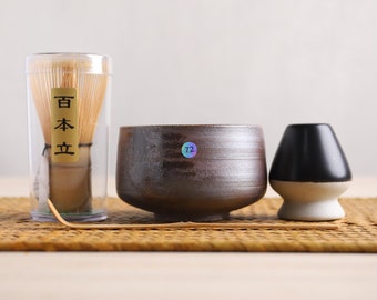 Firewood Ceramic Matcha Bowl with Bamboo Whisk Matcha Tea Kits Japanese Tea Set