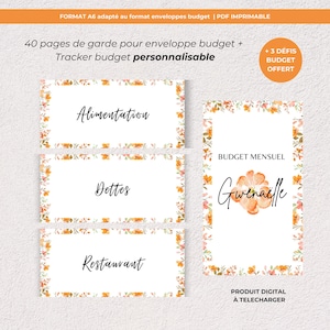 Op de afbeelding: Een printbare budgettracker met bloemmotieven. De tracker bevat categorieën voor eten, schulden en restaurants. De tekst "BUDGET MENSUEL" en "Gwenaelle" is zichtbaar aan de rechterkant van de afbeelding.