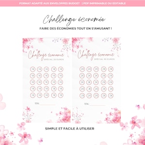 Peut inclure: Un défi imprimable sur le thème floral rose et blanc pour économiser de l'argent. Le défi propose deux options : économiser 25 euros ou économiser 50 euros. Le défi comprend une grille de cercles avec le montant à économiser dans chaque cercle. Le texte "Challenge economie" est en haut de la page. Le texte "Simple et facile à utiliser" est en bas de la page.