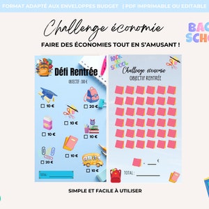 Peut inclure: Un défi d'économie pour la rentrée scolaire imprimable avec deux options. La première option est une liste de contrôle avec des fournitures scolaires et un total de 100 € à économiser. La deuxième option est une grille de 35 cases roses pour suivre les économies.