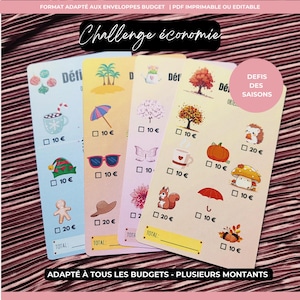 Peut inclure: Un ensemble de quatre cartes colorées avec des illustrations des différentes saisons. Chaque carte a une liste de défis avec des cases à cocher et des prix en Euros. Le texte sur les cartes indique "Challenge économies" et "Défis des Saisons".