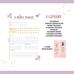 K-Drama Planner - Printable PDF | Watchlist, Tracker, Reviews & Favorites | Digital Download, KDrama Quotes Calendar and Bookmarks