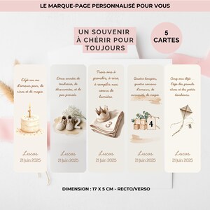 Peut inclure: Ensemble de cinq marque-pages personnalisés avec des illustrations à l'aquarelle et du texte. Chaque marque-page présente un design différent, dont un gâteau, des chaussures de bébé, une couronne, des blocs et un cerf-volant. Dimensions : 17 cm x 5 cm.
